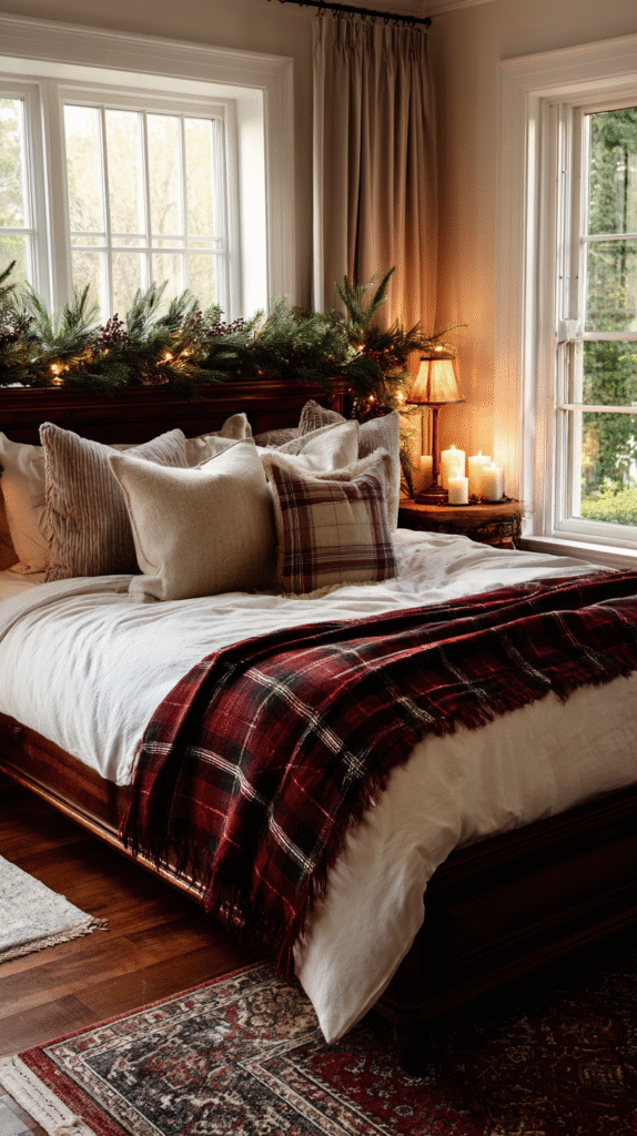 christmas bedroom with red and cream plaid