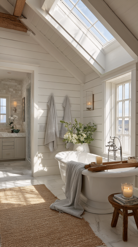 luxury bathroom with a 3x3 foot skylight above 