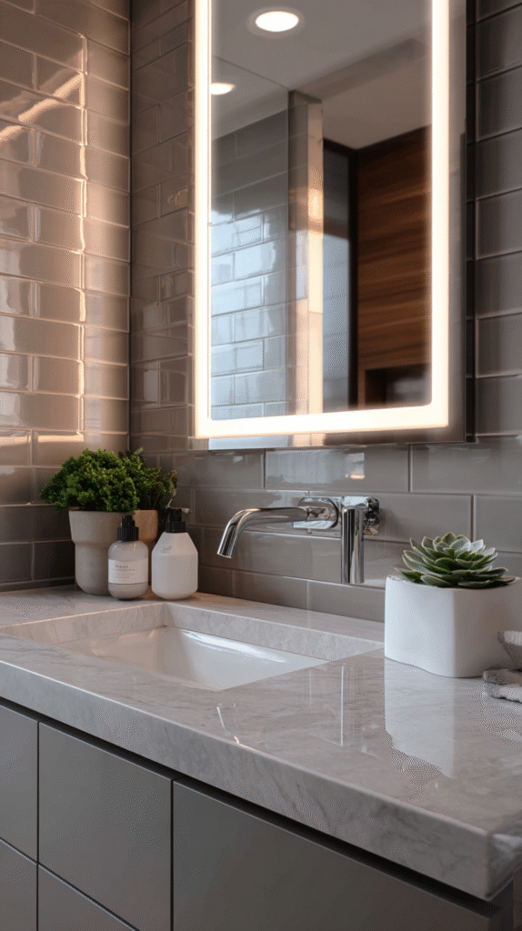 luxury bathroom with a smart mirror featuring