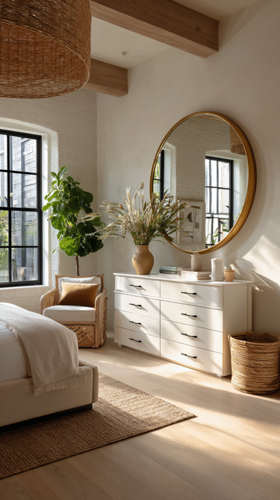 u9977724242 bright bedroom with large round brass mirror abov 1a6cfb4b 8662 4621 986d 5758fb6cba1f 2