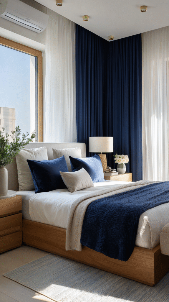 u9977724242 compact bedroom with white walls navy curtains na cc982a0f 81c7 47da b037 a1589fdbf809 0