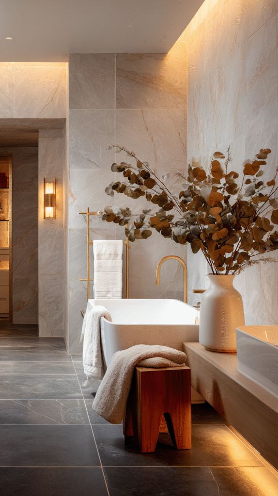 luxury bathroom with heated black limestone