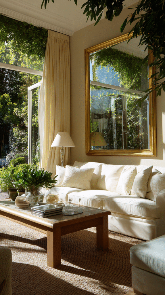 Bright living room with large rectangular mirror