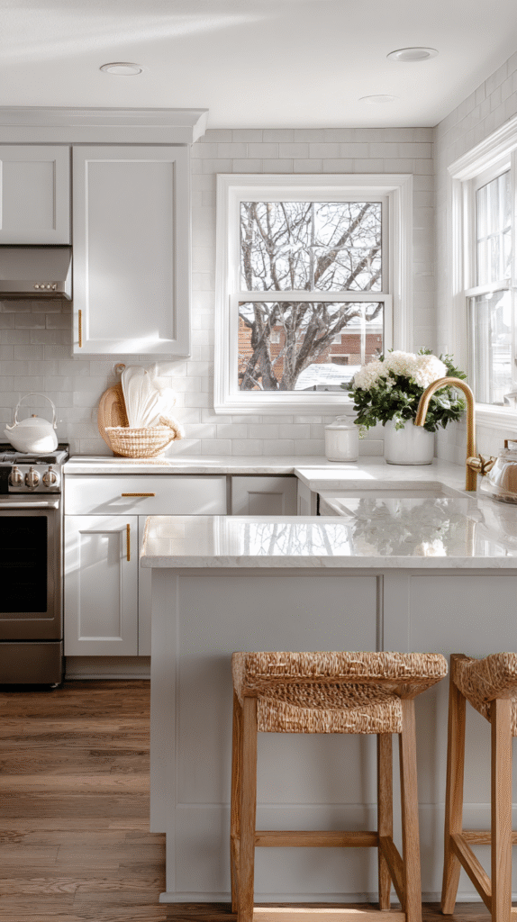 Bright small kitchen with white shaker cabinets