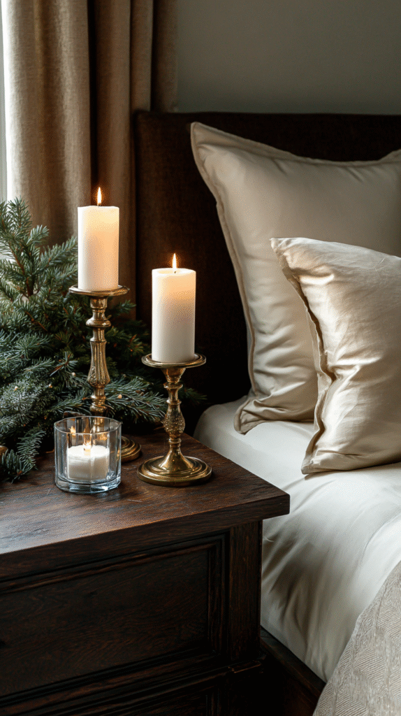 christmas bedroom ambiance with elegant brass can