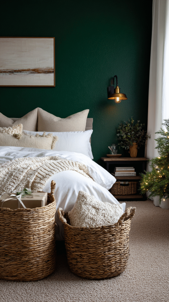 christmas bedroom organization with natural woven