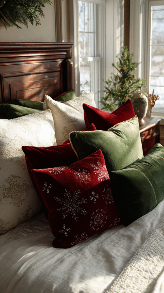 christmas bedroom styling with burgundy velvet