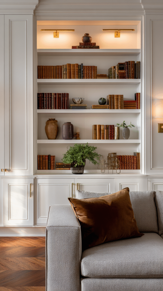 Custom built in shelving wall in white painted