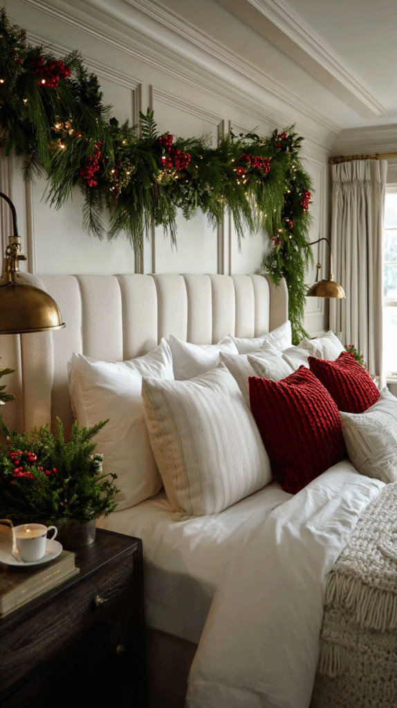 elegant christmas bedroom featuring lush evergree