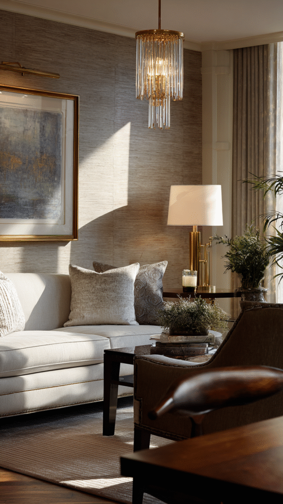 Elegant living room with brass chandelier