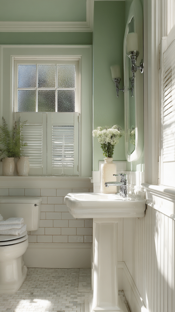 Fresh mint green bathroom with soft sage mint