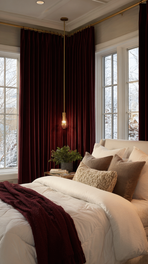 luxurious christmas bedroom with rich burgundy