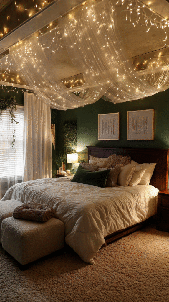 magical christmas bedroom with warm white string