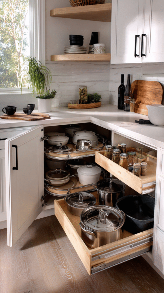 Organized small kitchen interior showing pull out