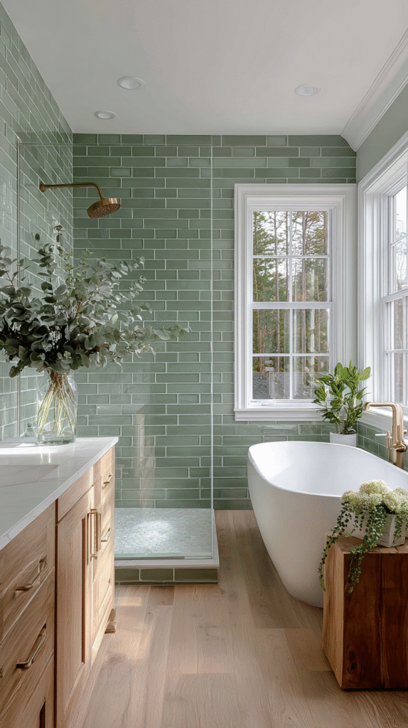 Serene green bathroom featuring sage green subway