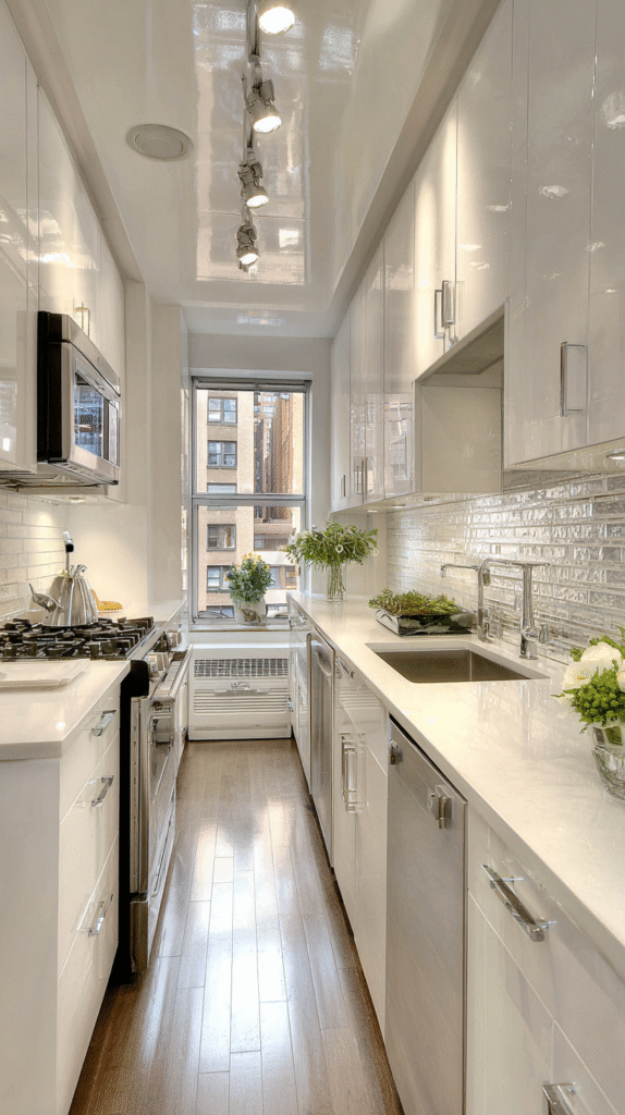 Small galley kitchen with mirrored subway tile