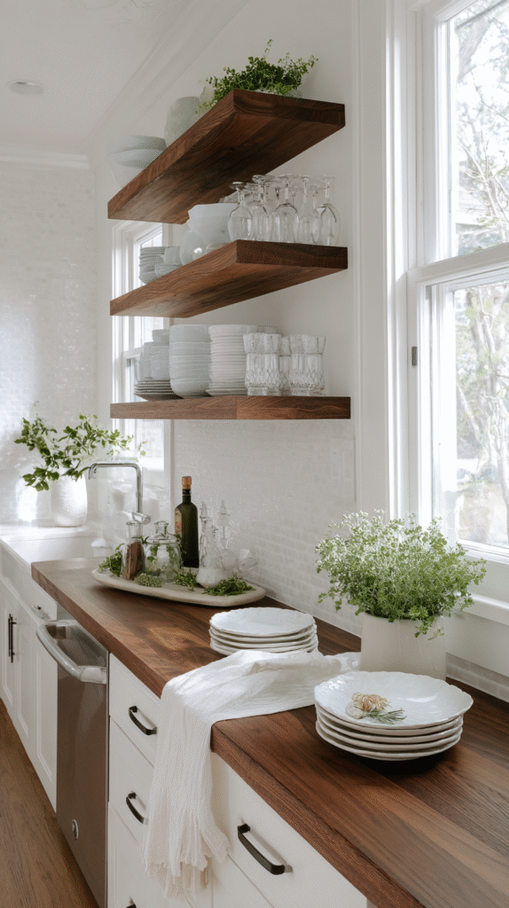 Small kitchen with open floating walnut shelves