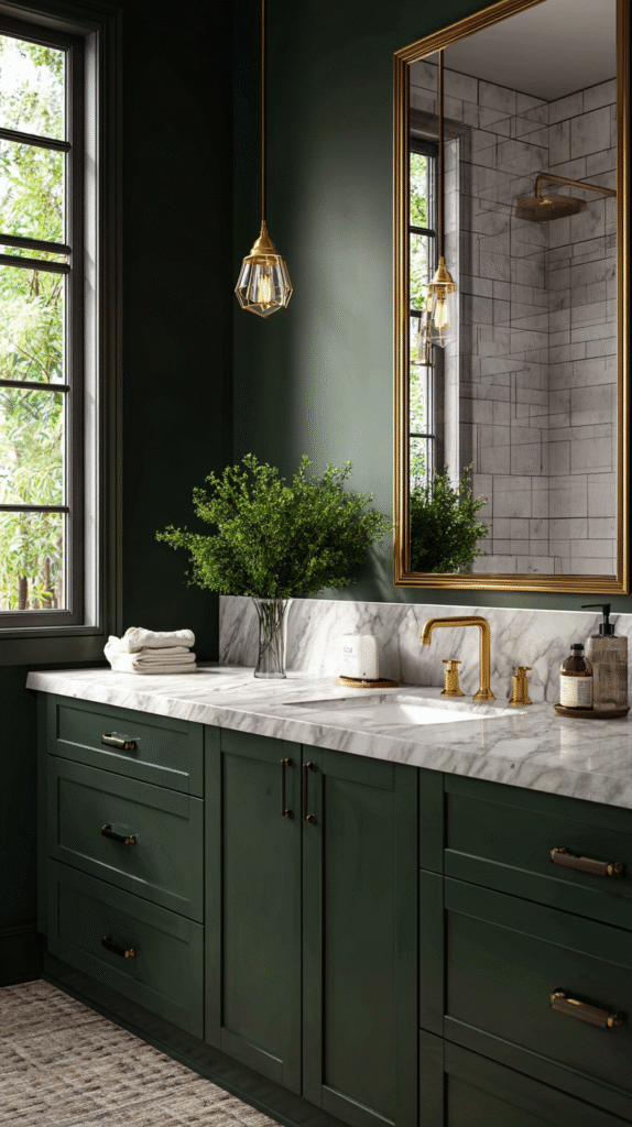 Sophisticated green bathroom featuring deep forest