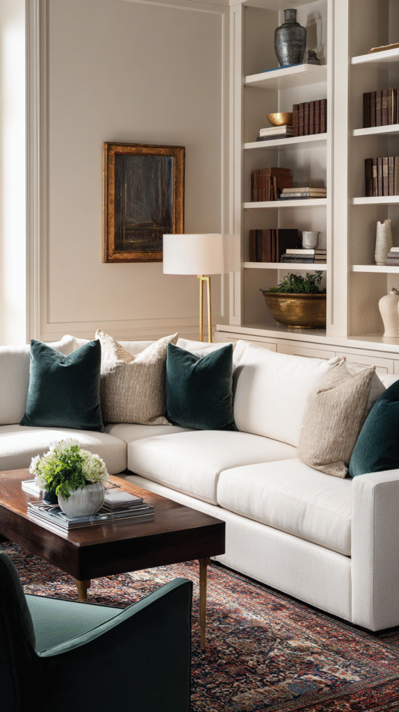 Sophisticated living room featuring large cream