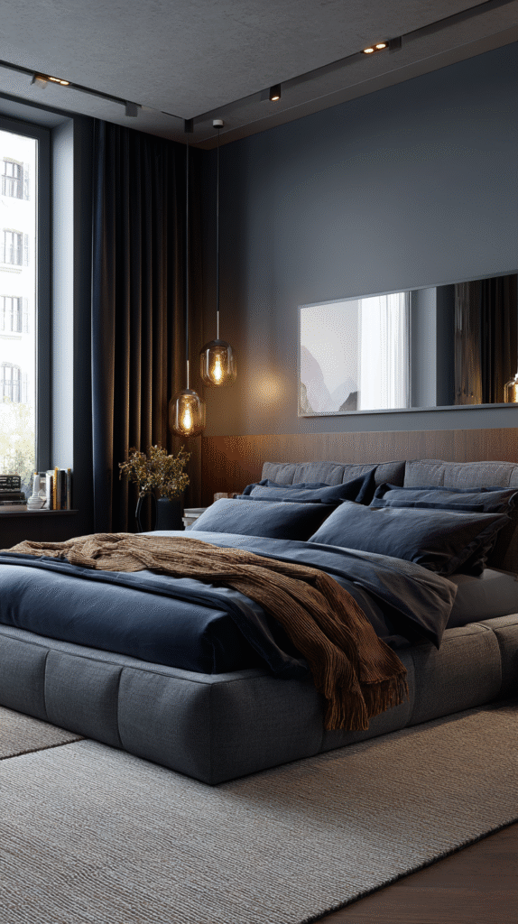 u9977724242 stylish bedroom with navy blue bedding grey walls 377e59ad 5cdb 4fac aa4a 536a09447b84 2