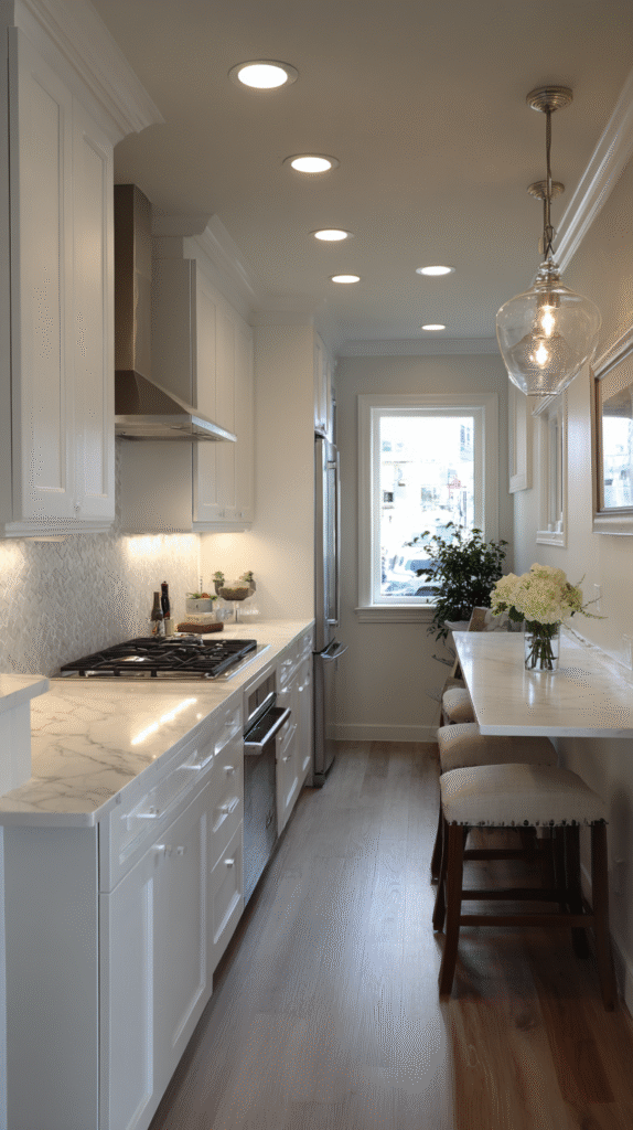 well lit small kitchen featuring under cabinet