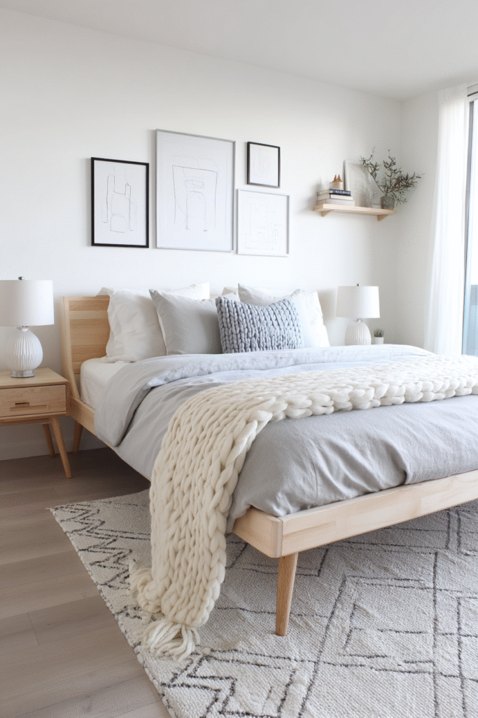 Light birch platform bed with white and gray linen bedding, geometric rug, white ceramic lamps, and minimalist line art in bright Scandinavian minimalist bedroom